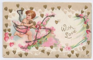 Cupid Gold Hearts Embossed Glitter UND Vintage Valentine Postcard IAP