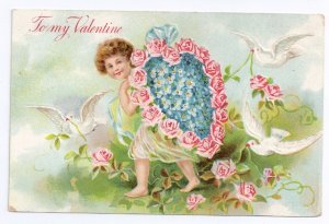 Cupid Cherub Flower Heart Embossed Vintage Valentine Postcard