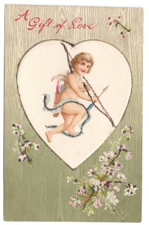 Cupid Bow Arrow Glitter Vintage Valentine Postcard