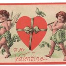 Cupids Carrying Ribbon Wrapped Heart Vintage Valentine Postcard