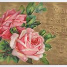Roses Gold Moire Embossed Vintage Birthday Postcard