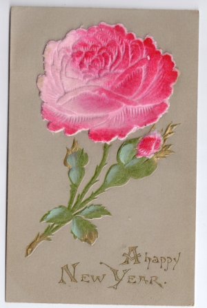 Felt Flower Embossed Gold Vintage New YearPostcard