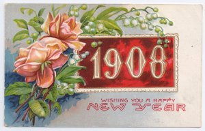 1908 Roses Embossed Vintage New Year Postcard