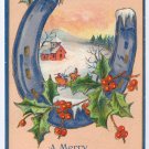 Horseshoe Holly Frame a Country Church Embossed Vintage Christmas Postcard