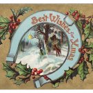 Horseshoe Deer Gold Moire Embossed Vintage Christmas Postcard