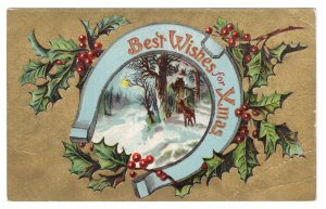 Horseshoe Deer Gold Moire Embossed Vintage Christmas Postcard