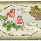 Birds Gold Bells Snowy Cottage Holly Embossed Gold Vintage 1912 Christmas Postcard