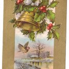 Country Church Bird Holly Gold Bells Lightly Embossed Vintage 1909 Christmas Postcard