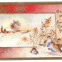 Birds Snowy Farm Scene Lightly Embossed Gold Trim Vintage Christmas Postcard