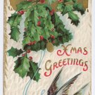 Christmas Holly Bell Blue Bird Embossed Gilt Vintage Xmas Greeting Postcard