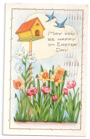 Whitney Blue Birds Garden Embossed Vintage Easter Postcard 1924