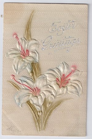 Lilies Airbrushed Embossed Vintage Easter Postcard