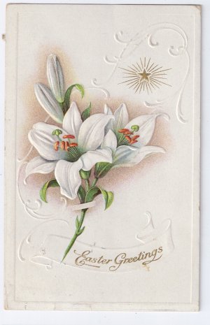 Lilies Star Embossed Vintage Easter Postcard 1916