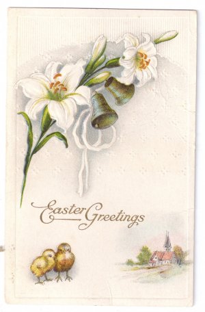 Lilies Chicks Embossed Vintage Easter Postcard SB 1915