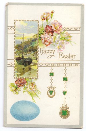 Sailboat Shamrocks Egg Embossed Vintage Easter Postcard