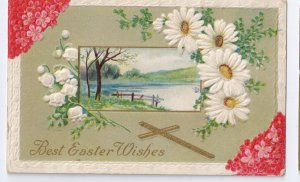 Cross Daisies Embossed Vintage Easter Postcard
