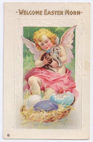 Angel Cherub Bunny Rabbit Embossed Antique Easter Postcard Stecher