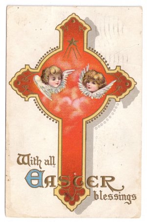 Angels Cherub Faces Embossed Vintage Easter Postcard 1917