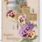 Gold Cross Pansies flowers Embossed Vintage Easter Postcard