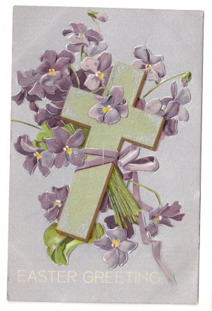 Cross Violets Embossed Silver Gilt Vintage Easter Postcard IAP