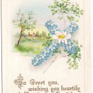 Flower Cross Rural Scene Embossed Vintage Easter Postcard Stecher