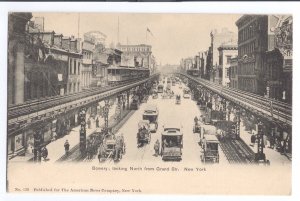 Bowery NY ca 1905 Elevated Rail Trolley Horse Carts UND Litho Vintage Postcard