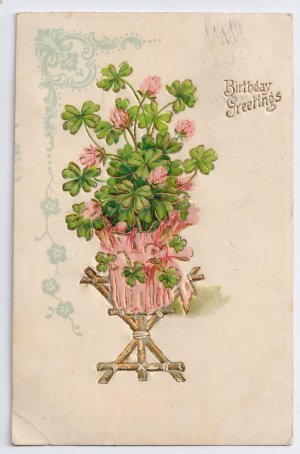 Four Leaf Clover Embossed Gilded 1908 Vintage Birthday Postcard