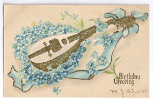 Mandolin Embossed Gilded 1908 Vintage Birthday Postcard Forget Me Nots