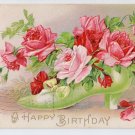 Embossed Roses in Shoe 1909 Vintage Birthday Postcard