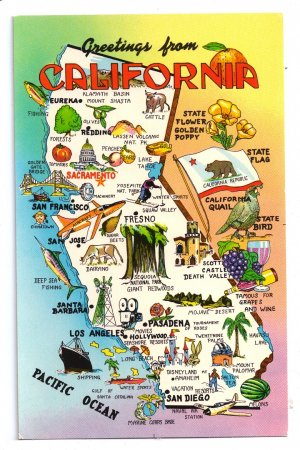 Greetings from California Map Postcard CA Tichnor Lusterchrome