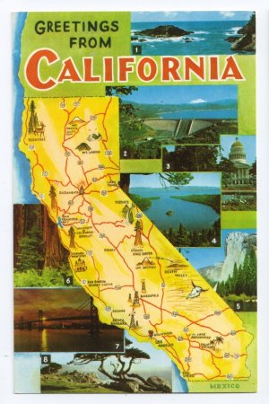 Greetings from California Map Postcard CA Roberts Chrome