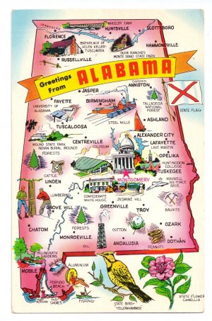 Greetings from Alabama Map Postcard AL Tichnor Chrome