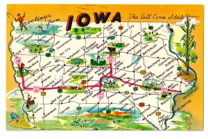 Greetings from Iowa Map Postcard IA DunlopChrome