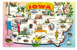 Greetings from Iowa Map Postcard IA Tichnor Chrome