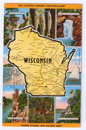 Wisconsin State Map Postcard WI 1946 Kropp Linen