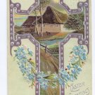 Silver gilded Cross Cottage Scene Embossed Easter Postcard 1910 Silver gilded Cross Cottage Scene Embossed Easter Postcard 1910