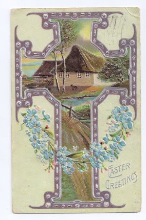 Silver gilded Cross Cottage Scene Embossed Easter Postcard 1910