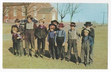 Amish Postcard Mennonite Boys Lancaster Co PA Traditional Hats Clothing