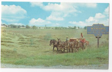 Intercourse PA Amish Farmer Using Horse Drawn Modern Baler Vintage Postcard