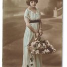 Glamour Postcard Beautiful Woman Hand Tinted R & K 1914 Basket Flowers Pretty Lady RPPC