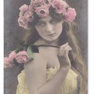 Glamour Postcard Pretty Girl Tinted Real Photo Roses German RPPC Glamour Postcard Pretty Girl Tinted Real Photo Roses German RPPC