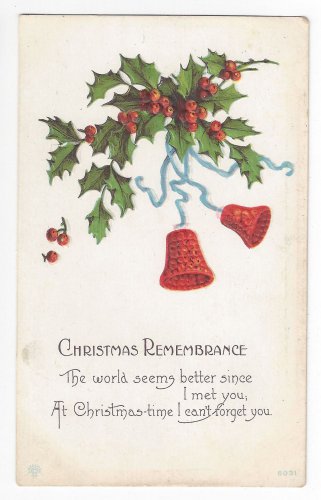 Christmas Postcard Embossed Bells Holly Bergman Vintage 1917