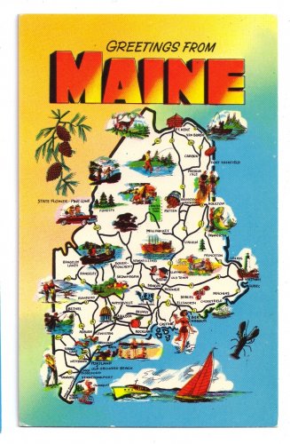 Greetings Maine State Map Cities Attractions Industry Vtg Postcard