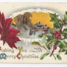 Christmas Postcard Winter Scene Holly Poinsettia Vintage 1910 Flag Cancel