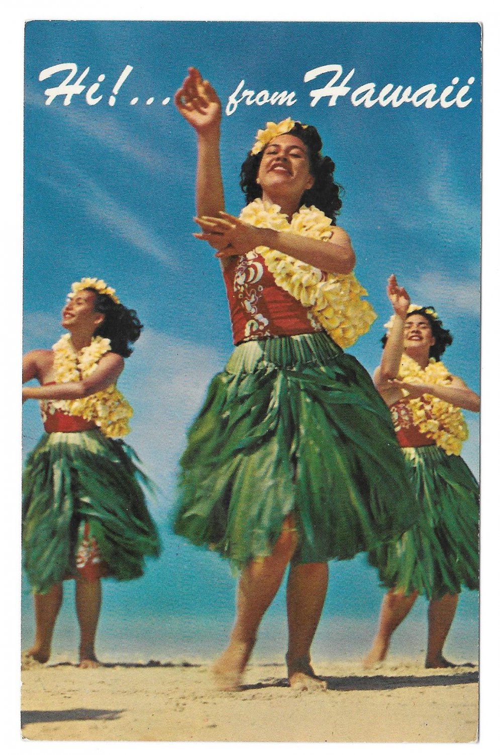 Hawaii Hula Girls Dancers Grass Skirts Vintage Postcard