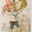 Best Wishes Embossed Boy w Basket of roses Champagne Bottle Postcard Best Wishes Embossed Boy w Basket of roses Champagne Bottle Postcard