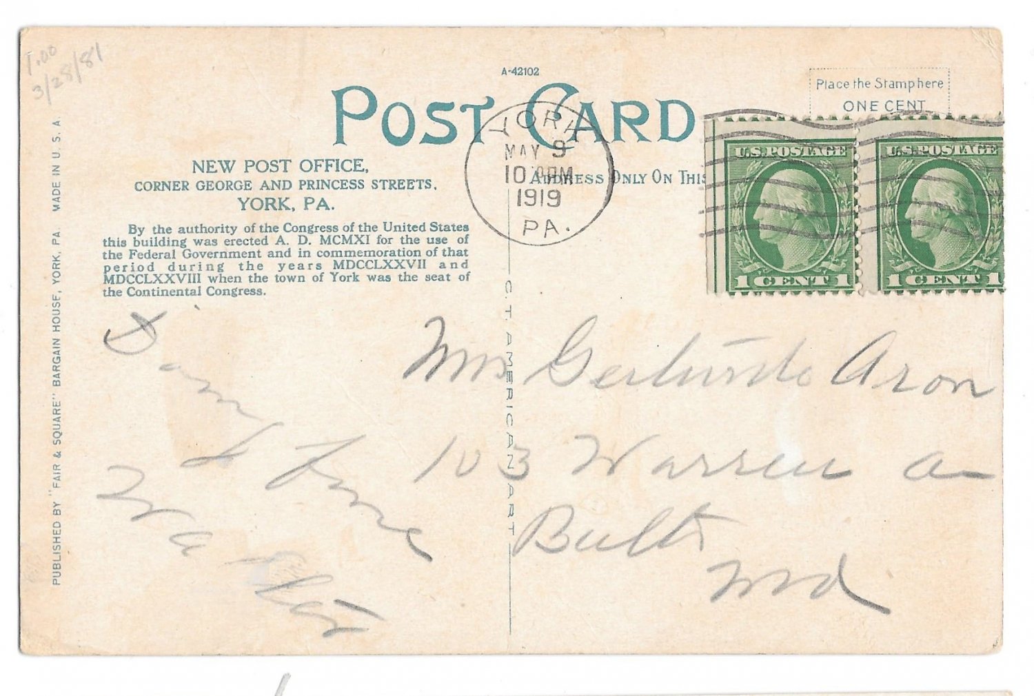 York PA New Post Office Vintage 1919 Postcard Fair and Square