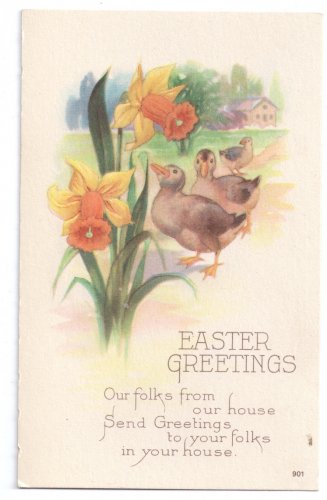 Easter Greetings Ducks Daffodils Vintage Karle Postcard