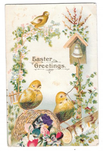 Easter Greetings Chicks Ringing Bell Small Silk Flower Vintage Postcard