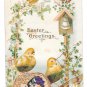 Easter Greetings Chicks Ringing Bell Small Silk Flower Vintage Postcard